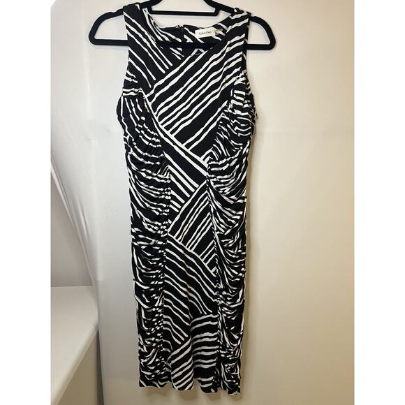 Calvin Klein black and white striped sleeveless ruched bodycon dress Size 6 - Picture 1 of 7